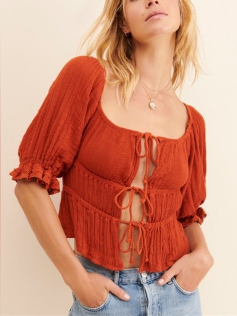 Jen's Pirate Booty Rust Tie-Front Peasant Top